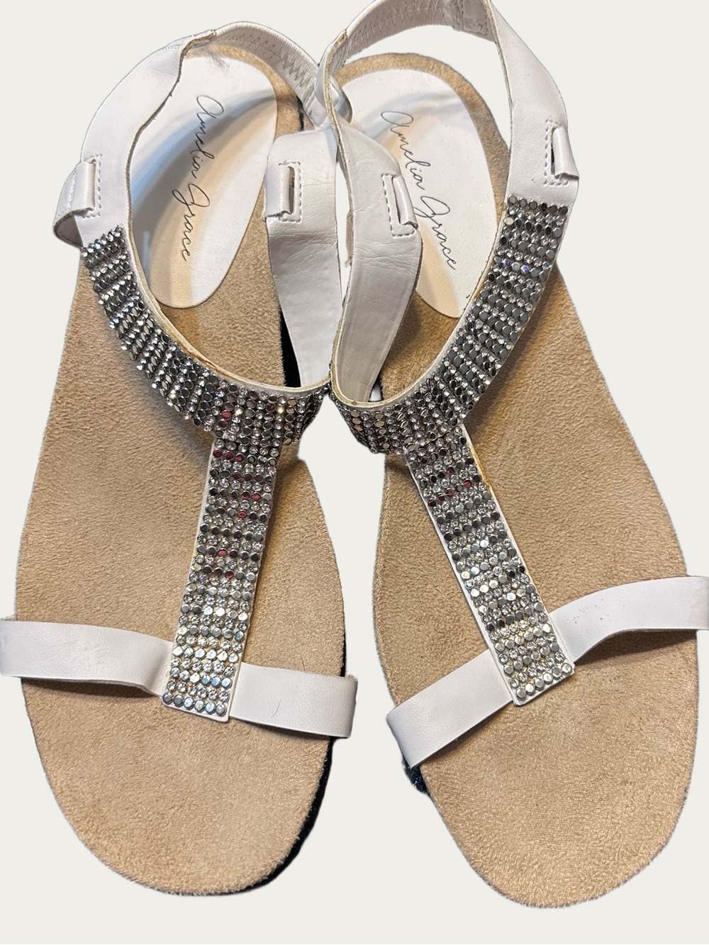 Amelia Grace Elegant White Sandals with Rhinestone Detailing size 10